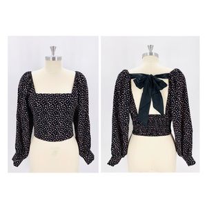 Lush Black and Pink Dots Long Sleeve Open Back Crop Top Square Neck Small NWT